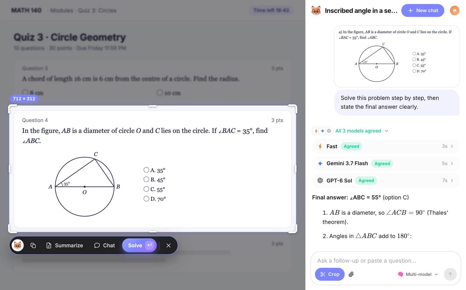 StudyFox extension solving questions in a sidebar
